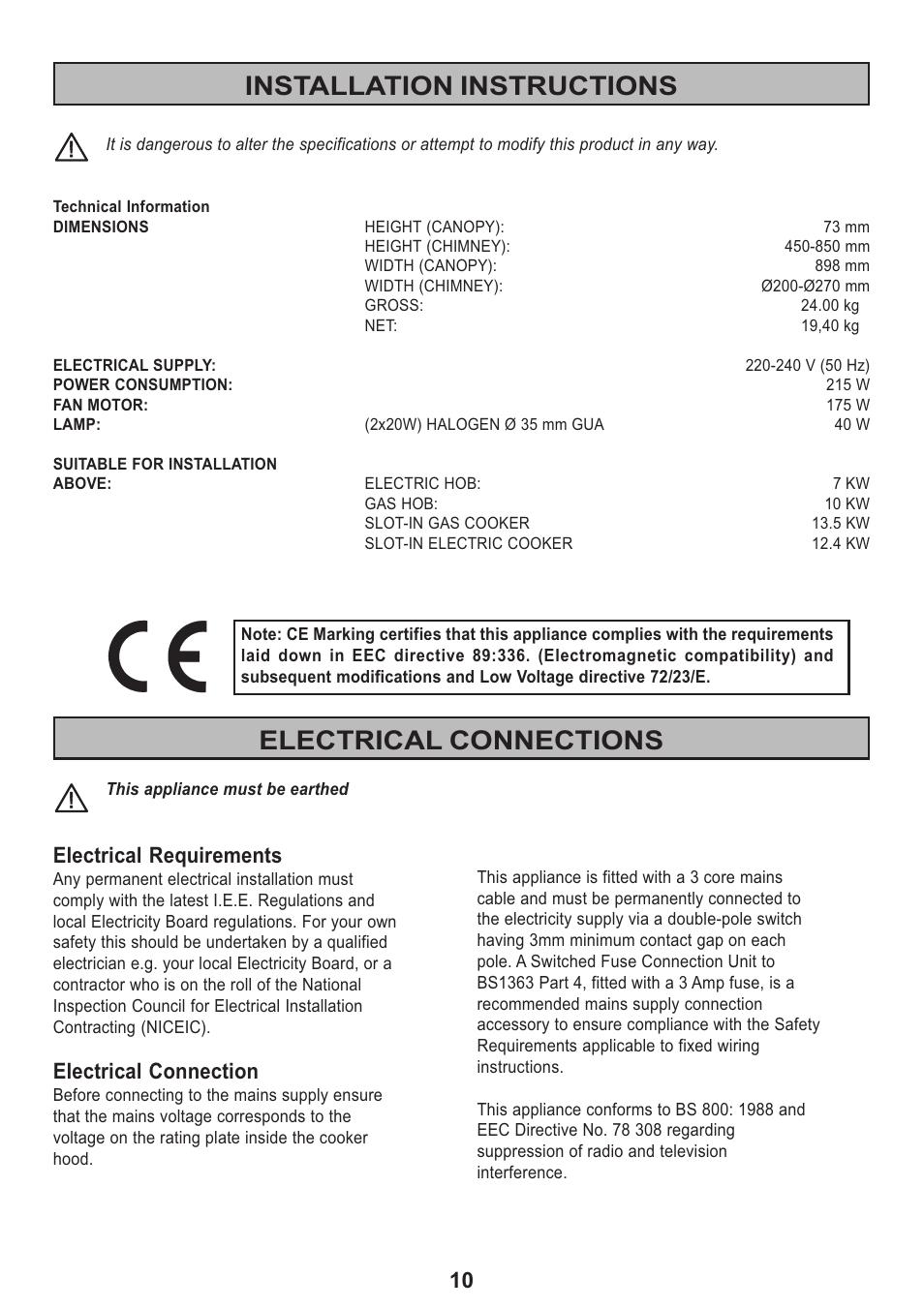 Installation instructions, Electrical connections, Electrical requirements | Electrical connection | Electrolux 2020 D User Manual | Page 10 / 20