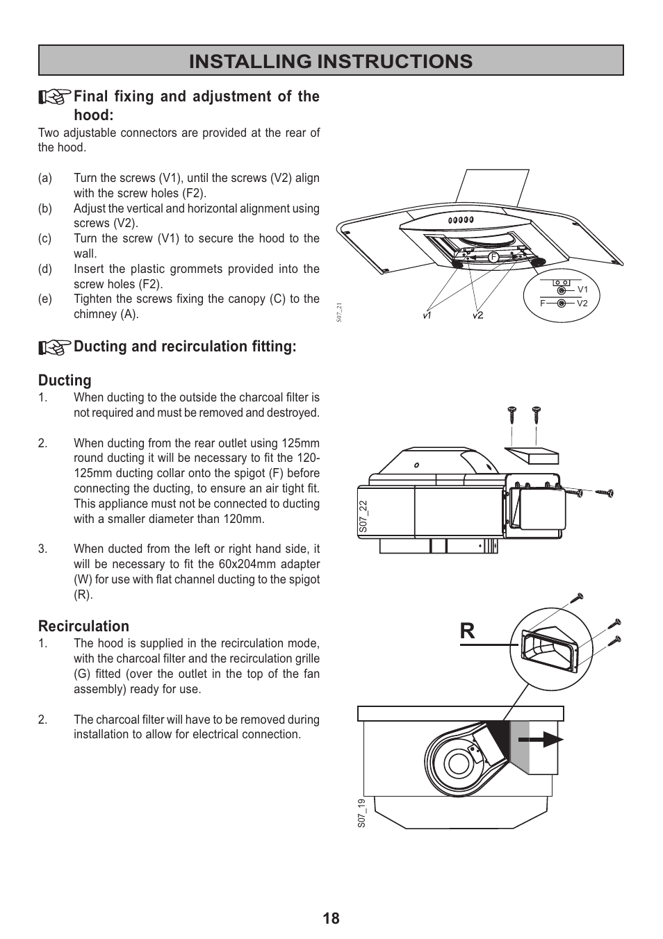 Installing instructions, 18 final fixing and adjustment of the hood, Ducting and recirculation fitting: ducting | Recirculation | Electrolux 2020 D User Manual | Page 18 / 20