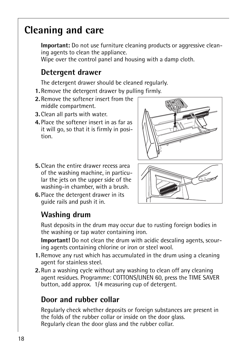 Cleaning and care, Detergent drawer, Washing drum | Door and rubber collar | Electrolux 74800 User Manual | Page 18 / 36