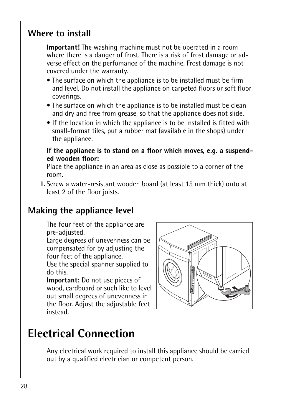 Electrical connection, Where to install, Making the appliance level | Electrolux 74800 User Manual | Page 28 / 36