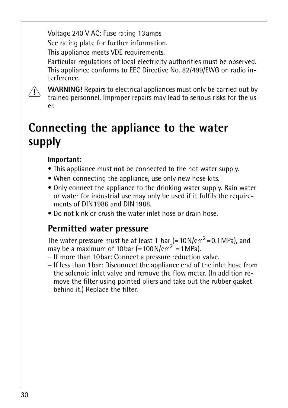 Connecting the appliance to the water supply, Permitted water pressure | Electrolux 74800 User Manual | Page 30 / 36