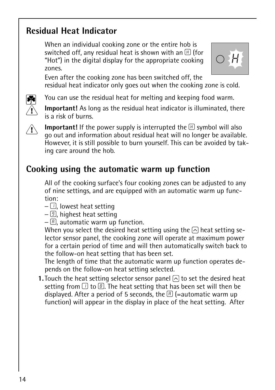 Residual heat indicator, Cooking using the automatic warm up function | Electrolux 79301 KF-MN User Manual | Page 14 / 36