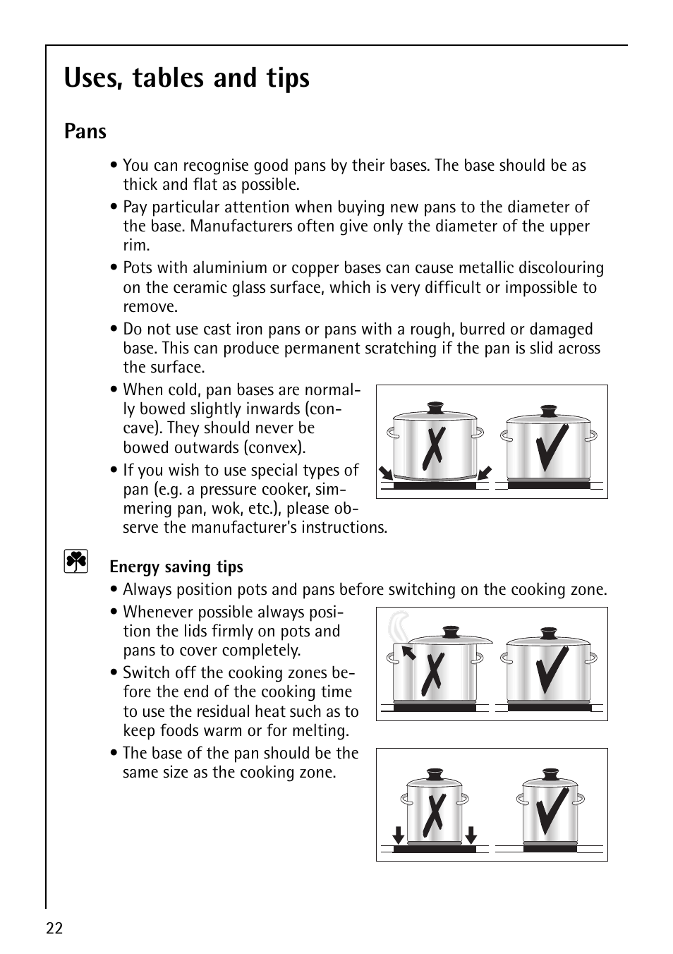 Uses, tables and tips, Pans | Electrolux 79301 KF-MN User Manual | Page 22 / 36