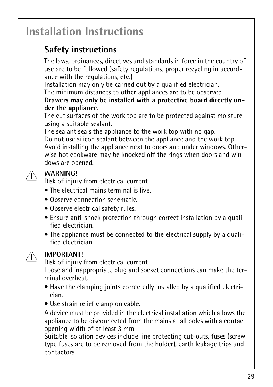 Installation instructions | Electrolux 79301 KF-MN User Manual | Page 29 / 36