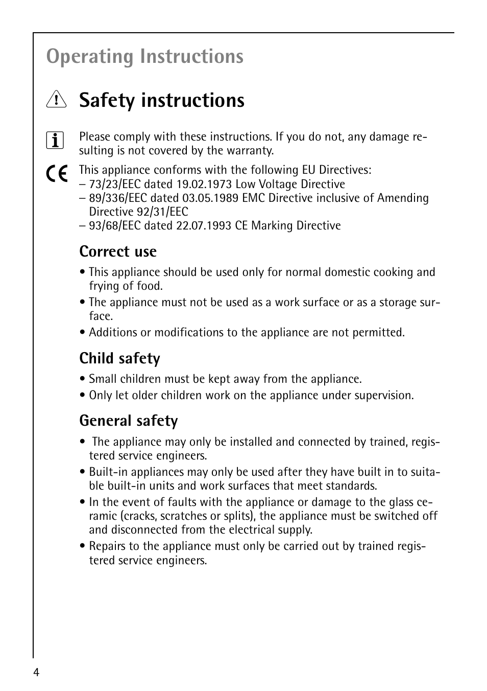 Operating instructions 1 safety instructions 3, Correct use, Child safety | General safety | Electrolux 79301 KF-MN User Manual | Page 4 / 36