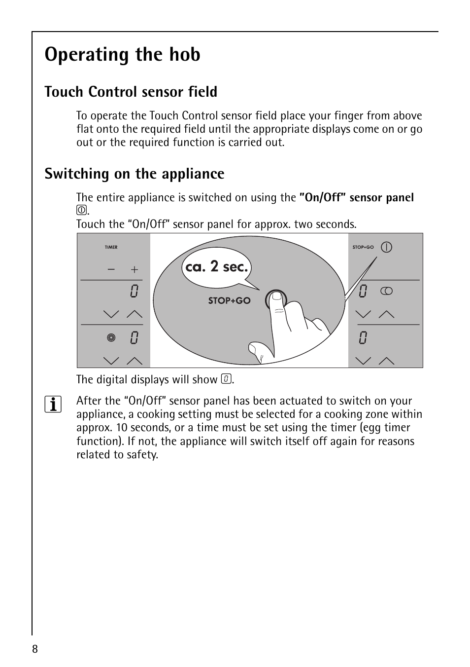 Operating the hob | Electrolux 79301 KF-MN User Manual | Page 8 / 36