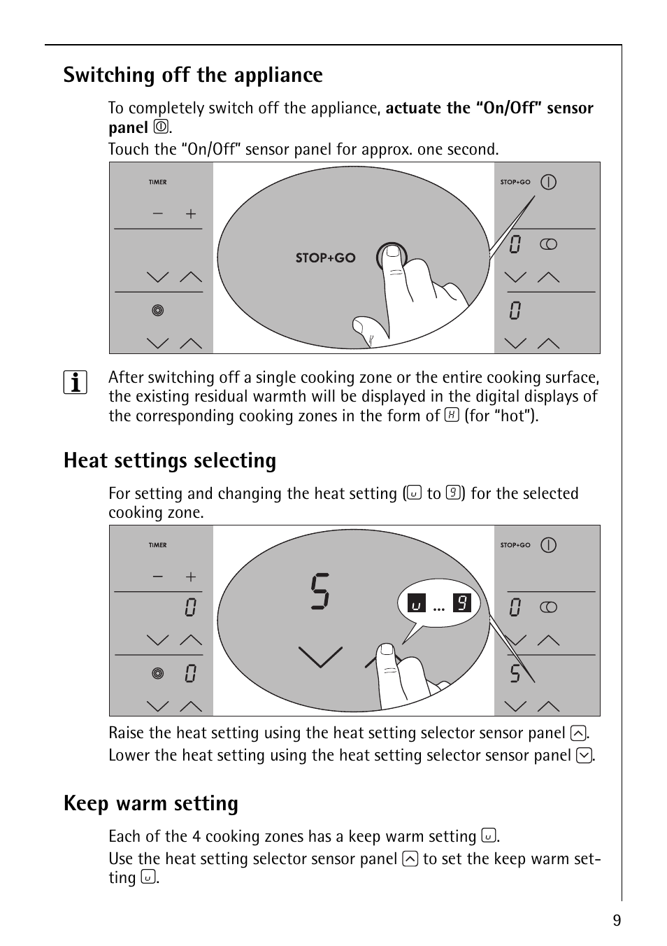 Switching off the appliance, Heat settings selecting, Keep warm setting | Electrolux 79301 KF-MN User Manual | Page 9 / 36