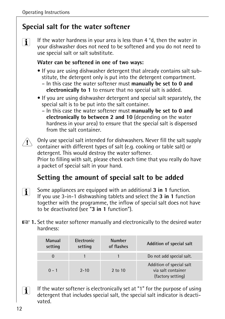 Special salt for the water softener, Setting the amount of special salt to be added | Electrolux 44050 VI User Manual | Page 12 / 48