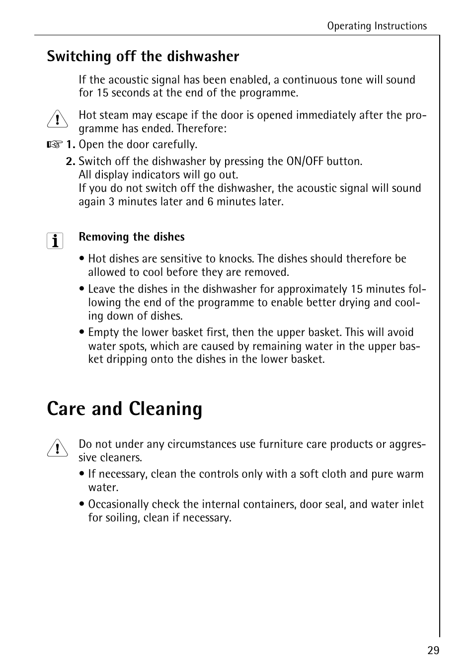Care and cleaning, Switching off the dishwasher | Electrolux 44050 VI User Manual | Page 29 / 48