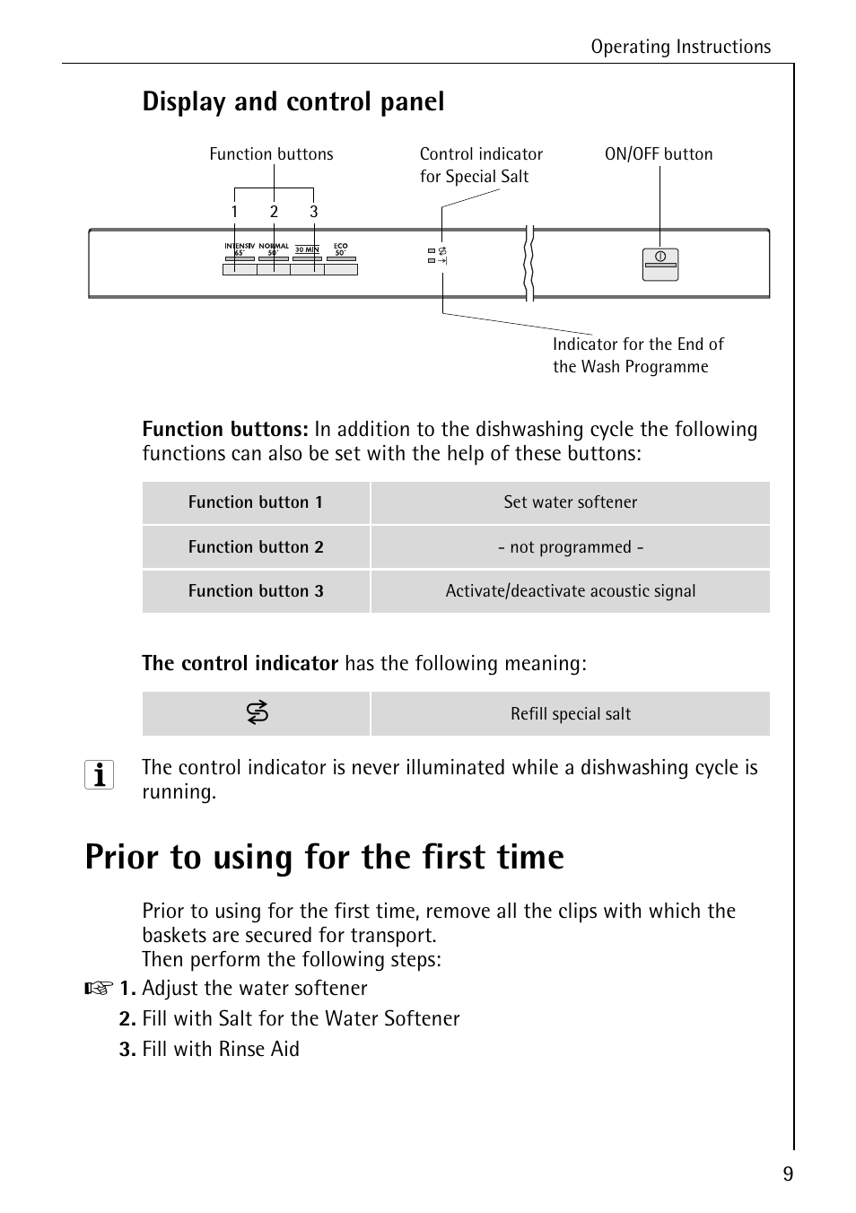 Prior to using for the first time, Display and control panel | Electrolux 44050 VI User Manual | Page 9 / 48
