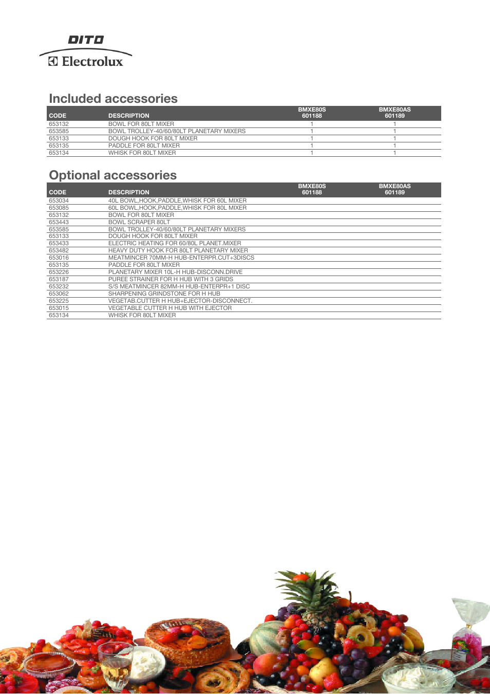 Included accessories, Optional accessories | Electrolux BMXE80S User Manual | Page 3 / 4