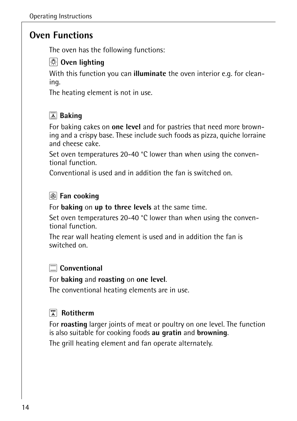 Oven functions | Electrolux B4140-1 User Manual | Page 14 / 64