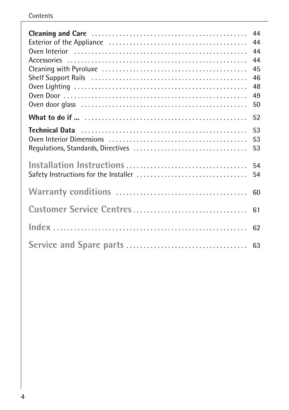 Installation instructions, Warranty conditions, Customer service centres | Index, Service and spare parts | Electrolux B4140-1 User Manual | Page 4 / 64