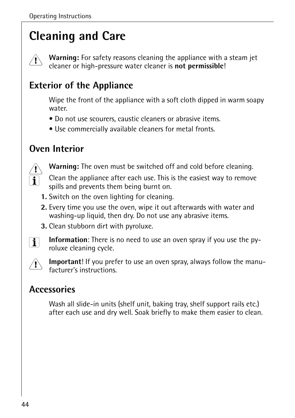 Cleaning and care, Exterior of the appliance, Oven interior | Accessories | Electrolux B4140-1 User Manual | Page 44 / 64
