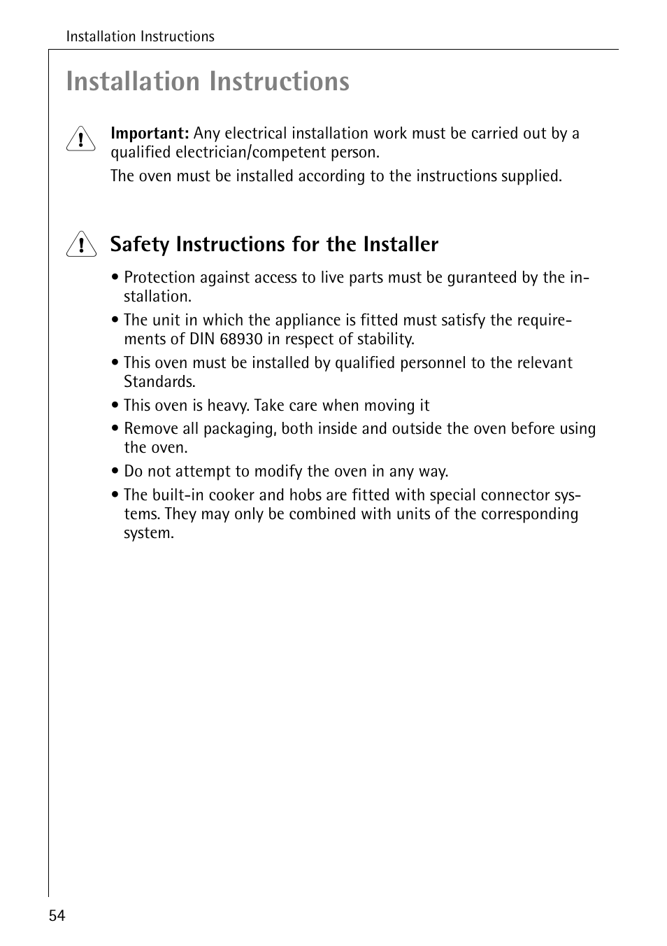 Installation instructions, Safety instructions for the installer | Electrolux B4140-1 User Manual | Page 54 / 64