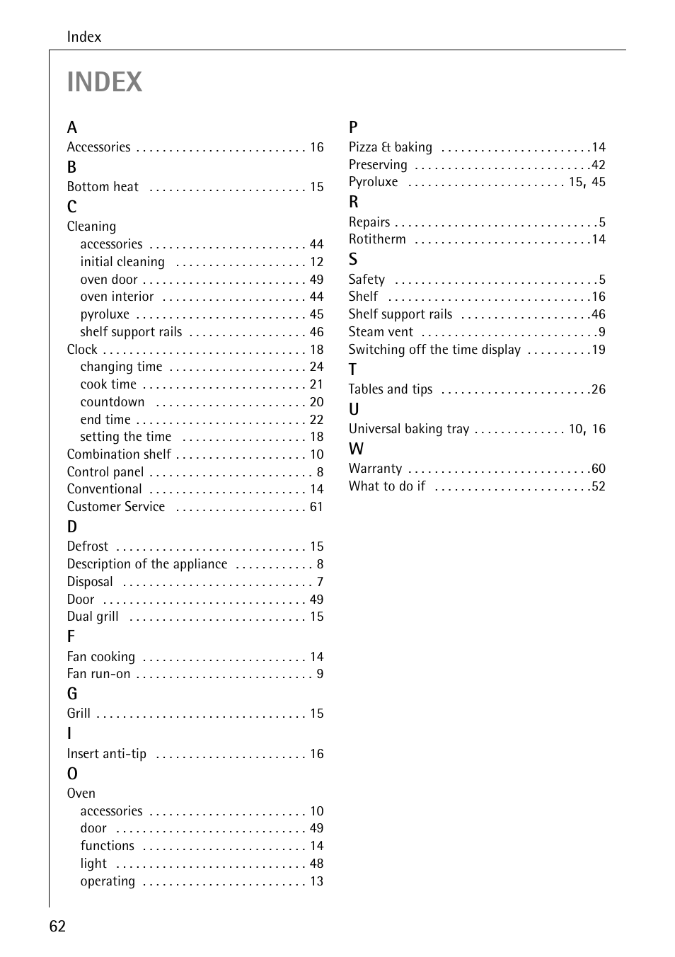 Index | Electrolux B4140-1 User Manual | Page 62 / 64