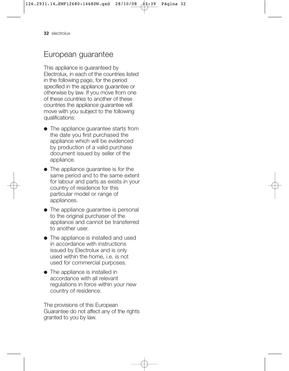 European guarantee | Electrolux LAVADORA EWF 14680W User Manual | Page 32 / 35