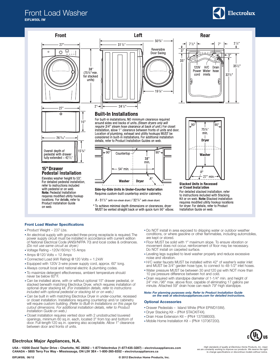 Front load washer, Electrolux major appliances, n.a | Electrolux Front Load Washer EIFLW50L IW User Manual | Page 2 / 2