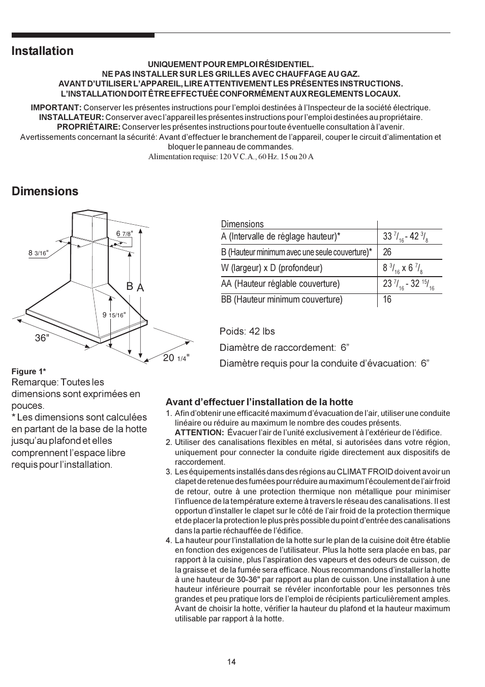 Installation, Dimensions | Electrolux PLHV36W6CC User Manual | Page 14 / 32