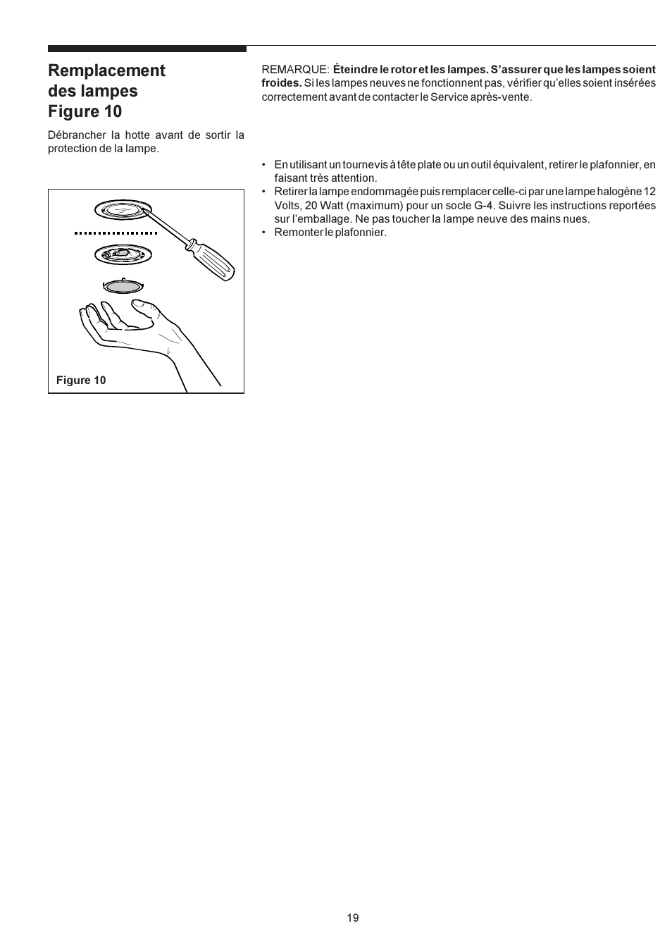 Remplacement des lampes figure 10 | Electrolux PLHV36W6CC User Manual | Page 19 / 32