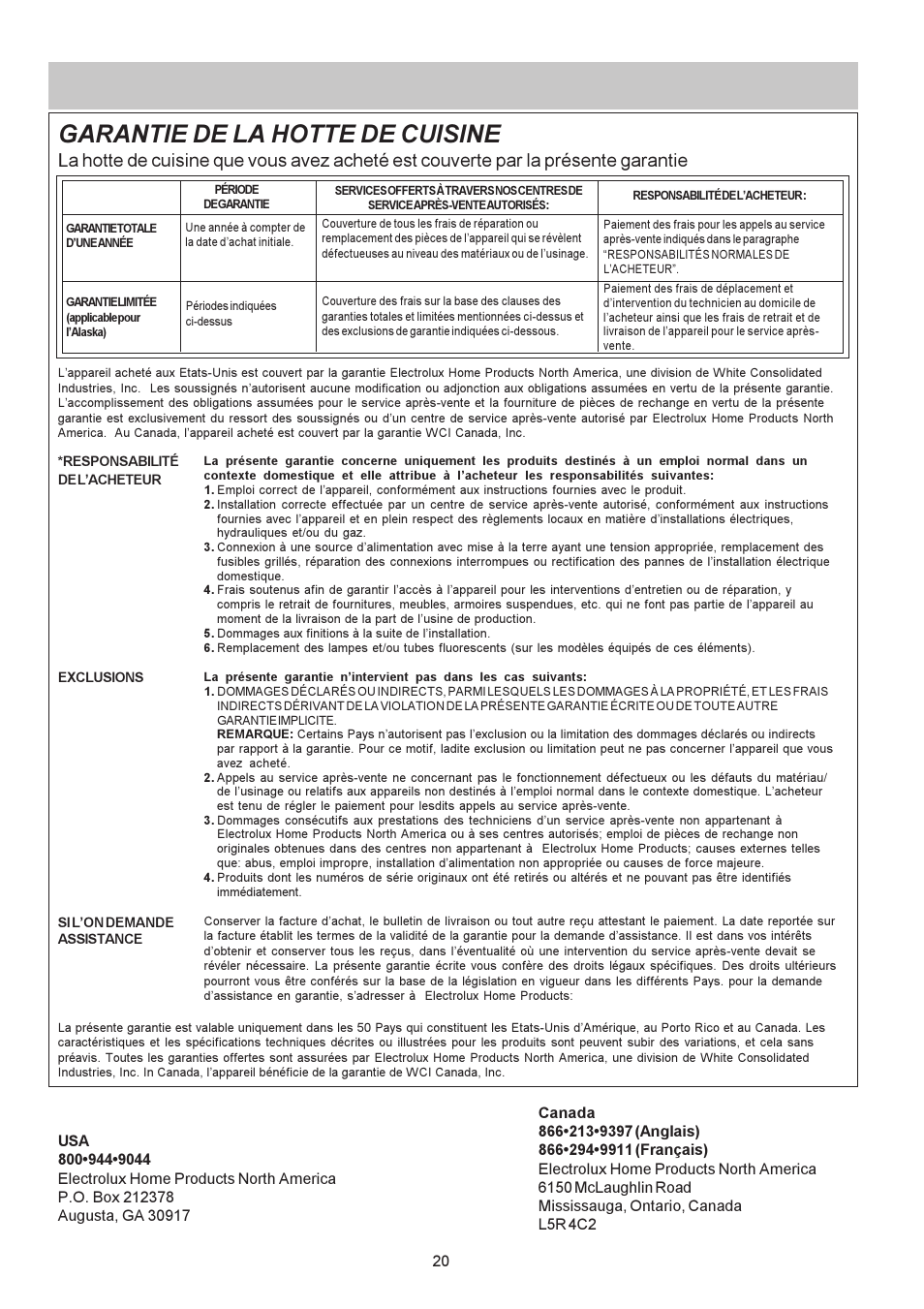 Garantie de la hotte de cuisine | Electrolux PLHV36W6CC User Manual | Page 20 / 32