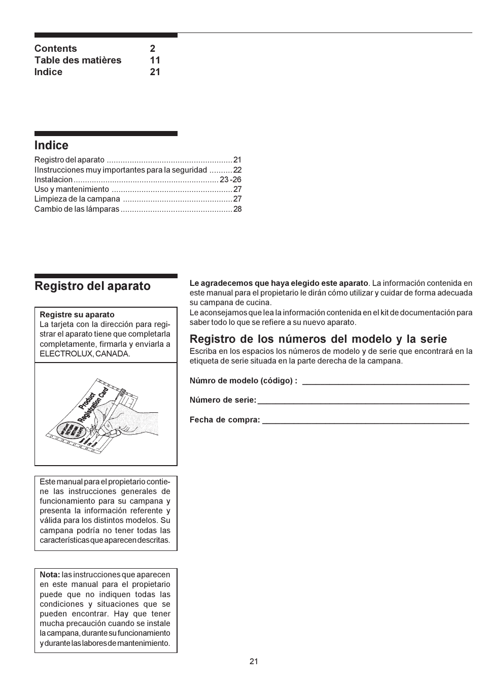 Indice, Registro del aparato, Registro de los números del modelo y la serie | Electrolux PLHV36W6CC User Manual | Page 21 / 32