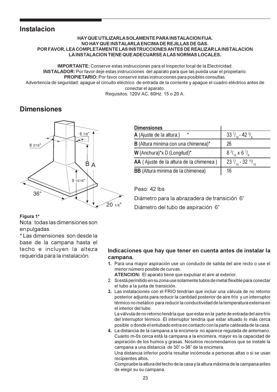 Instalacion, Dimensiones | Electrolux PLHV36W6CC User Manual | Page 23 / 32