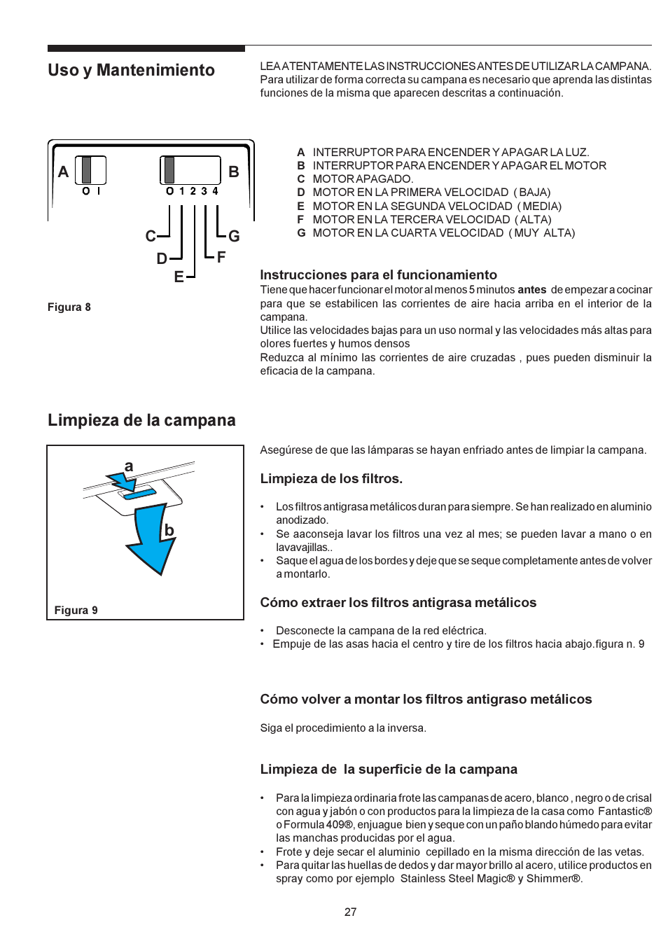 Uso y mantenimiento, Limpieza de la campana | Electrolux PLHV36W6CC User Manual | Page 27 / 32