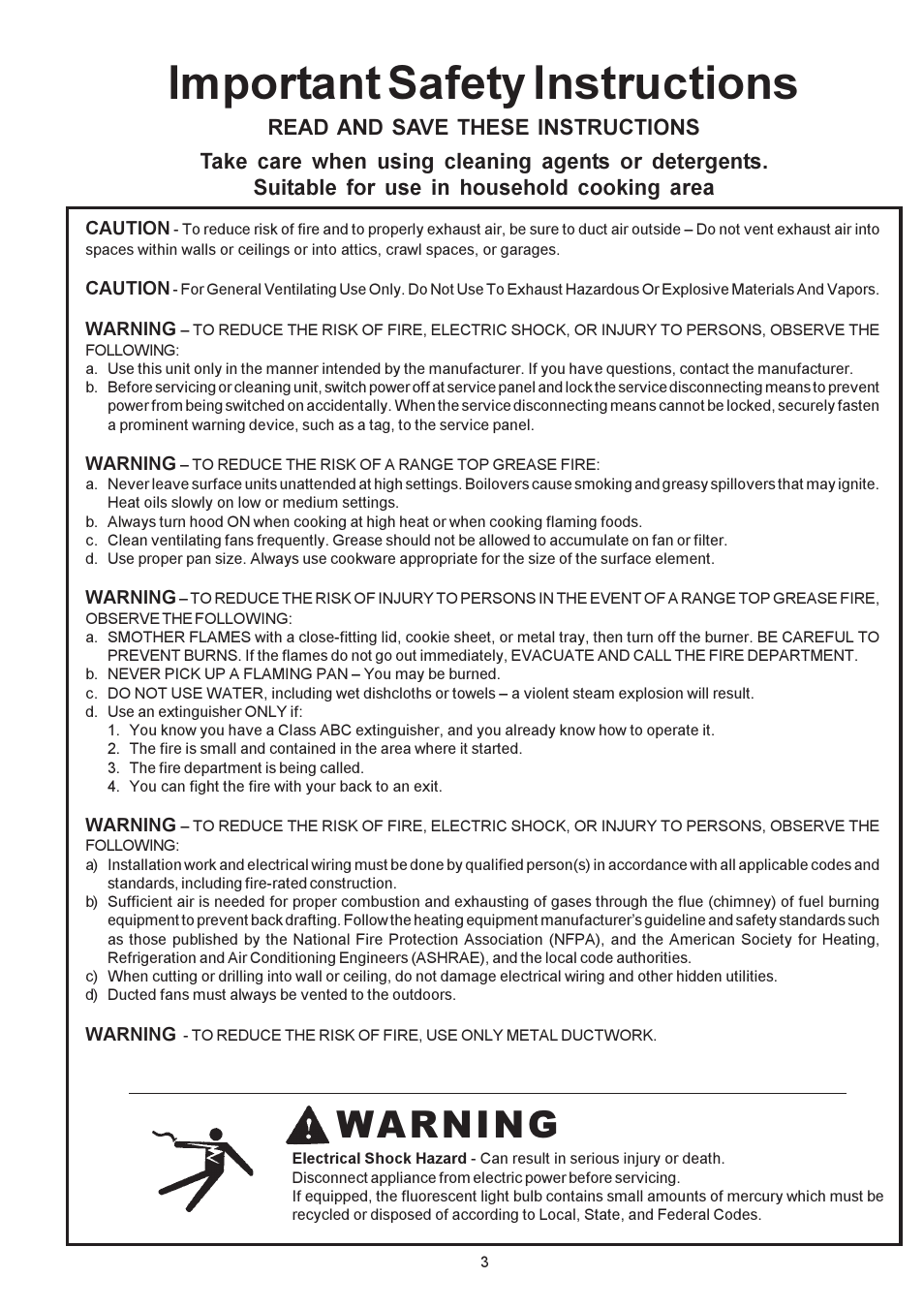 Important safety instructions, Warning | Electrolux PLHV36W6CC User Manual | Page 3 / 32