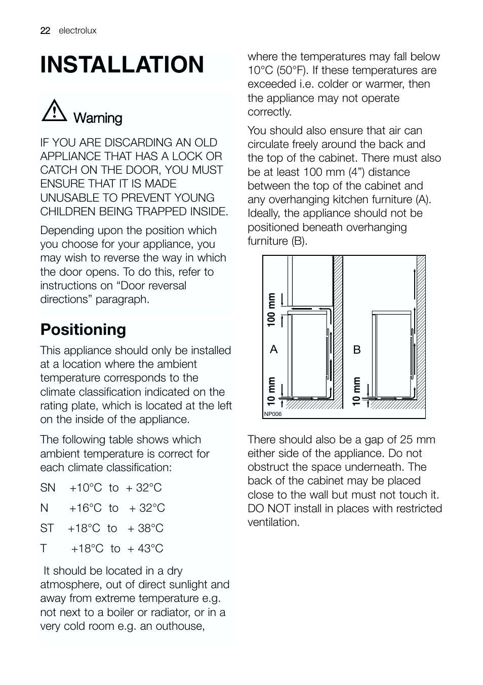 Installation, Positioning, Warning | Electrolux ERE 39392 X User Manual | Page 22 / 32