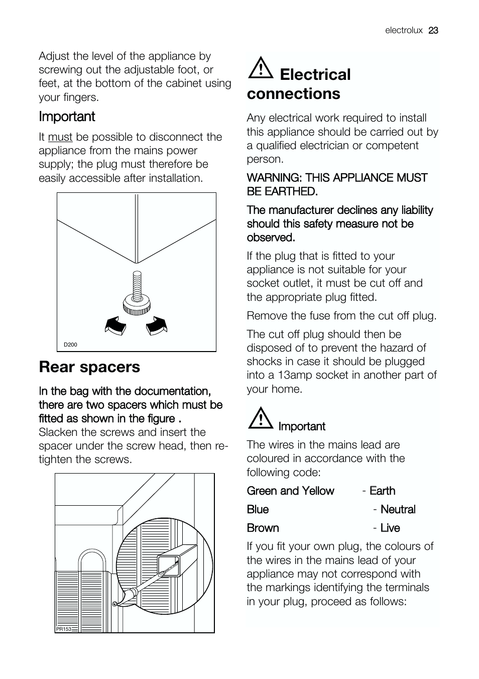 Rear spacers, Electrical connections, Important | Electrolux ERE 39392 X User Manual | Page 23 / 32