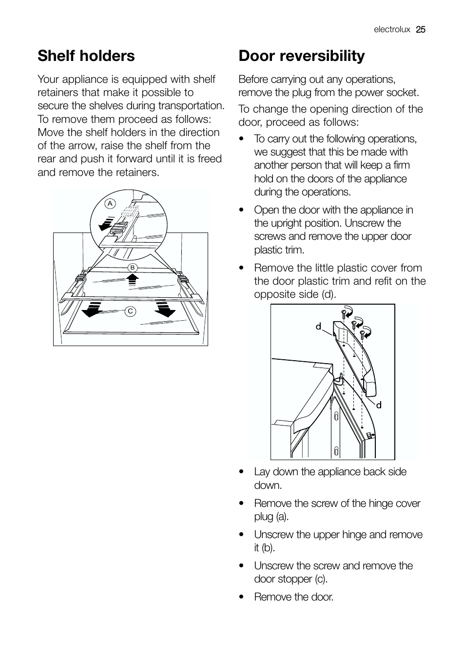 Shelf holders, Door reversibility | Electrolux ERE 39392 X User Manual | Page 25 / 32