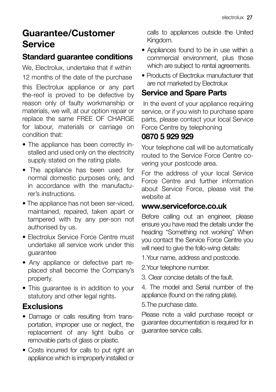 Guarantee/customer service, Standard guarantee conditions, Exclusions | Service and spare parts | Electrolux ERE 39392 X User Manual | Page 27 / 32