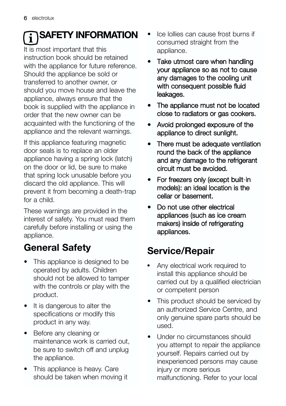 Safety information, General safety, Service/repair | Electrolux ERE 39392 X User Manual | Page 6 / 32