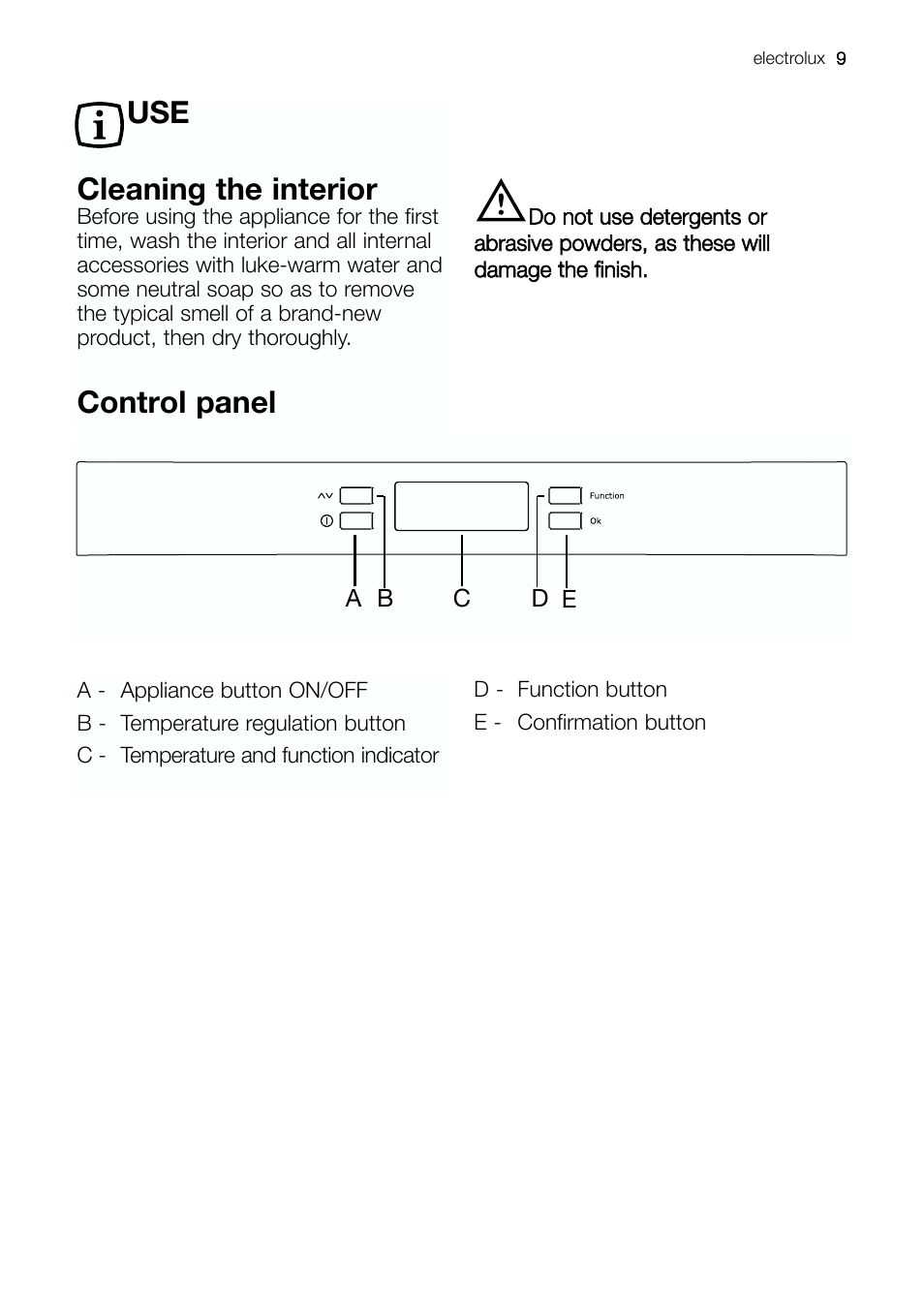 Use cleaning the interior, Control panel | Electrolux ERE 39392 X User Manual | Page 9 / 32