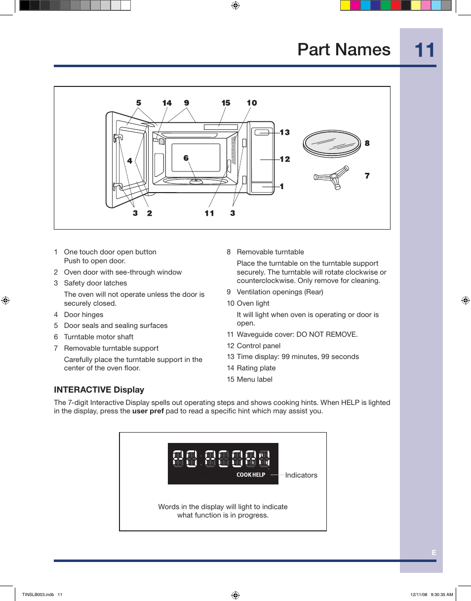 Part names | Electrolux Microwave Oven TINSLB003MRR0 User Manual | Page 11 / 30