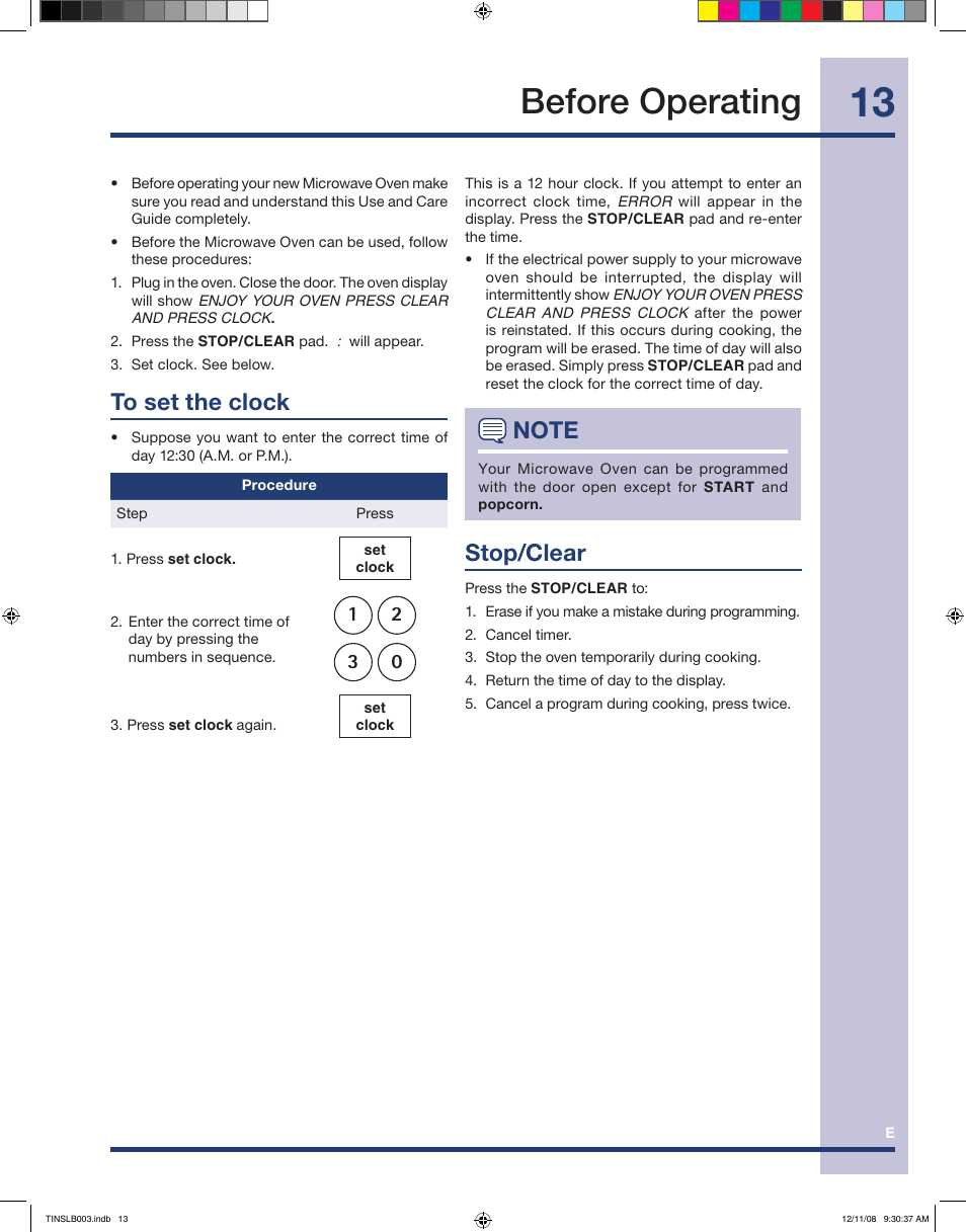 Before operating, Stop/clear | Electrolux Microwave Oven TINSLB003MRR0 User Manual | Page 13 / 30