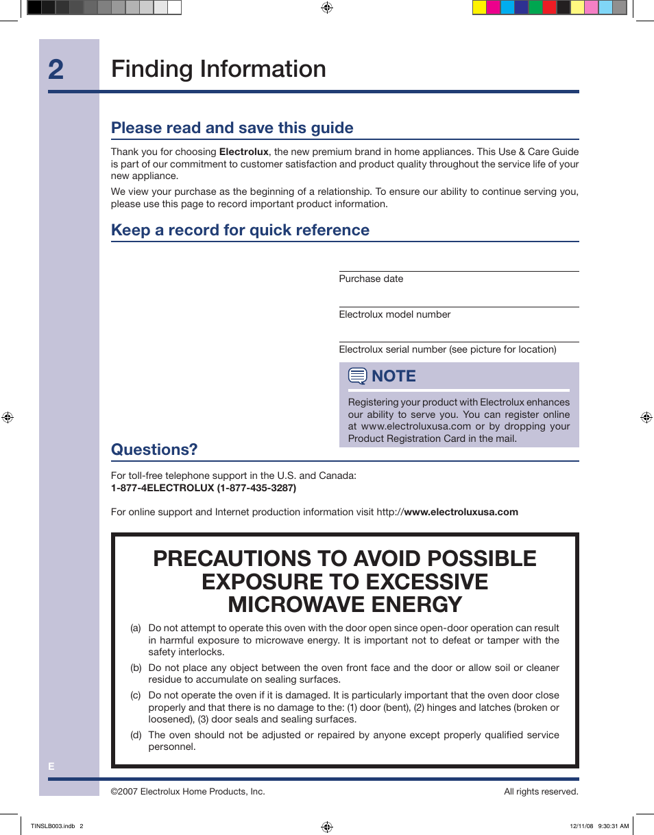 Finding information, Please read and save this guide, Keep a record for quick reference questions | Electrolux Microwave Oven TINSLB003MRR0 User Manual | Page 2 / 30