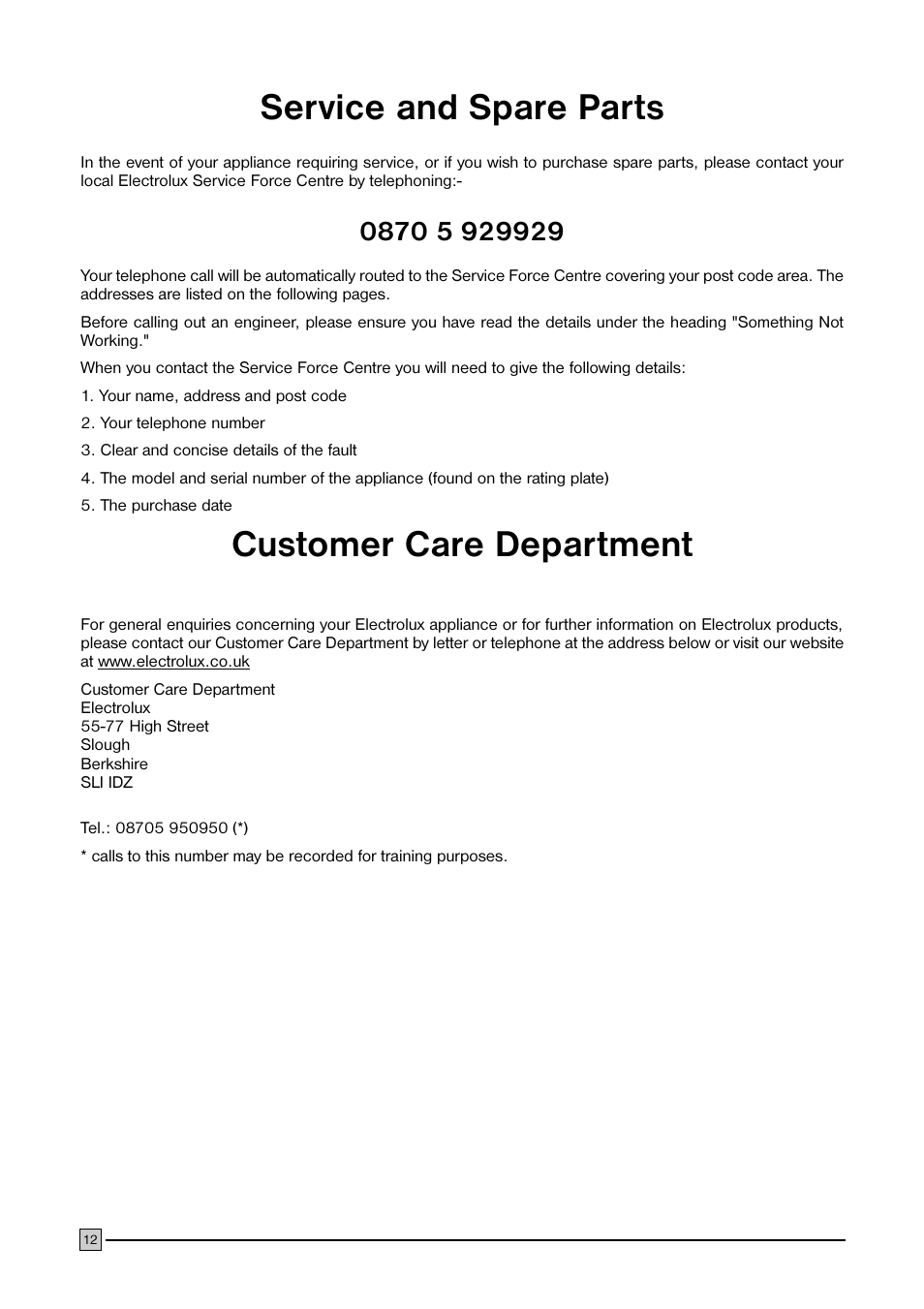 Service and spare parts, Customer care department | Electrolux ECN 1147 User Manual | Page 12 / 20