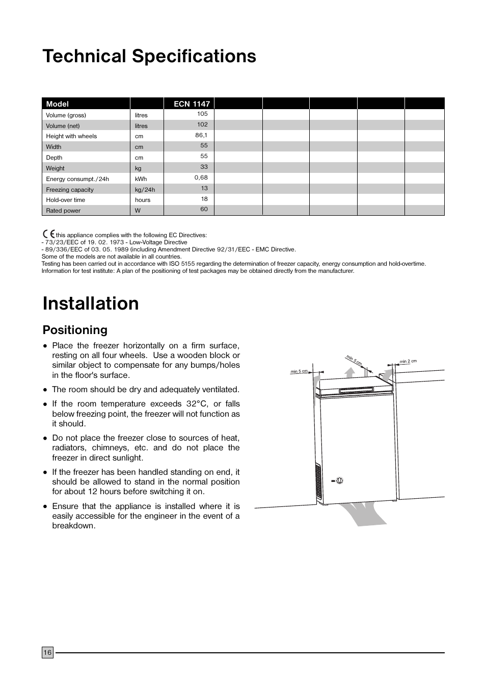 Technical specifications installation, Positioning | Electrolux ECN 1147 User Manual | Page 16 / 20