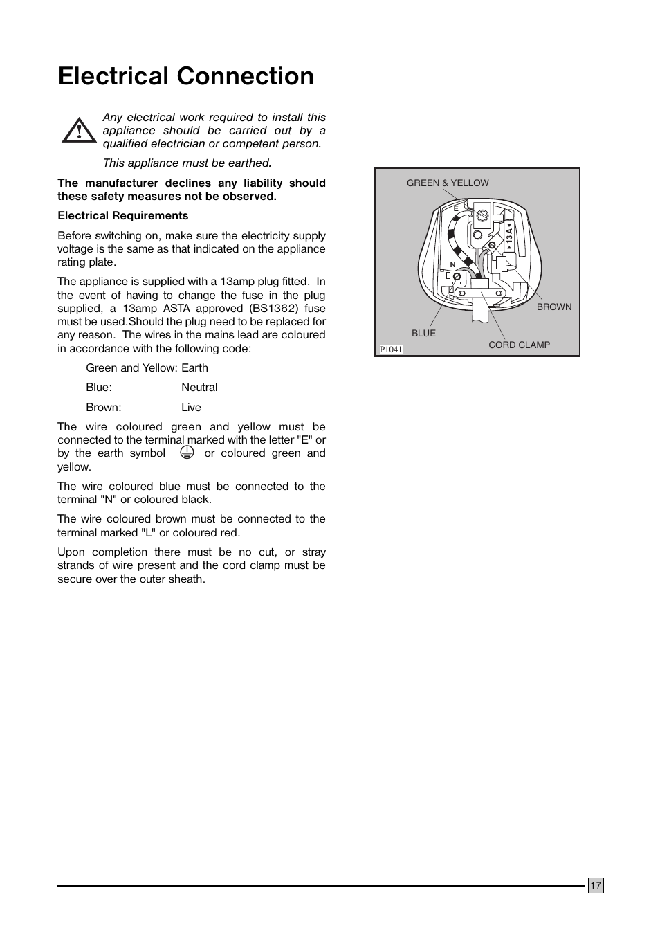 Electrical connection | Electrolux ECN 1147 User Manual | Page 17 / 20