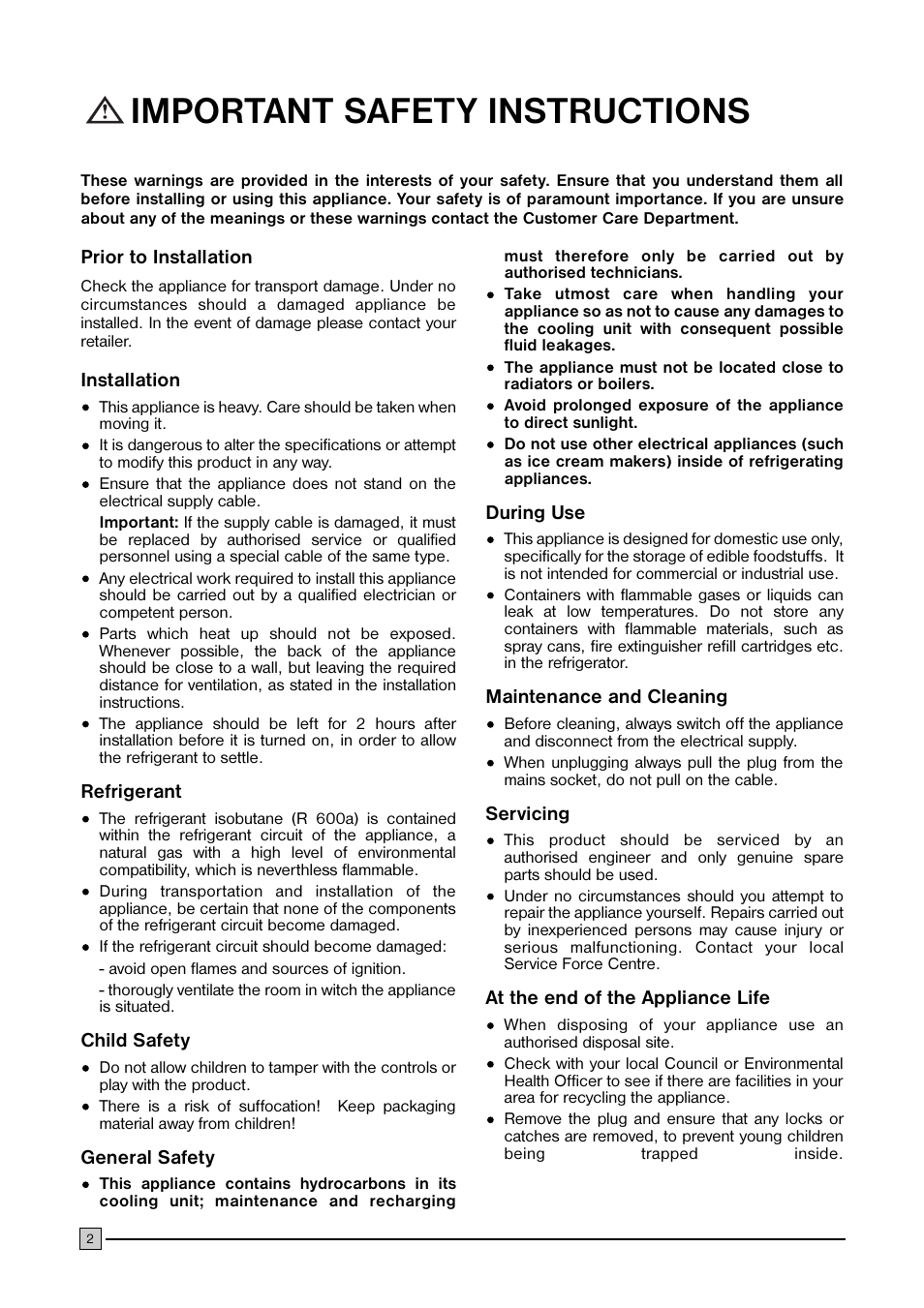 Important safety instructions | Electrolux ECN 1147 User Manual | Page 2 / 20