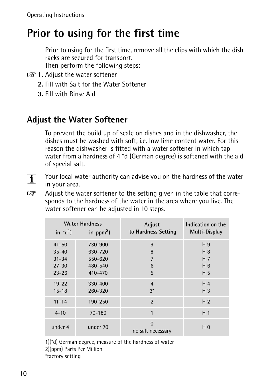 Prior to using for the first time, Adjust the water softener | Electrolux 80860 i User Manual | Page 10 / 44