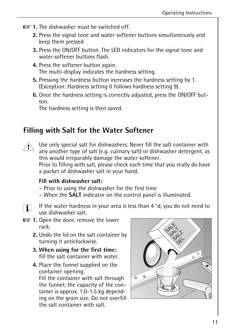 Filling with salt for the water softener | Electrolux 80860 i User Manual | Page 11 / 44