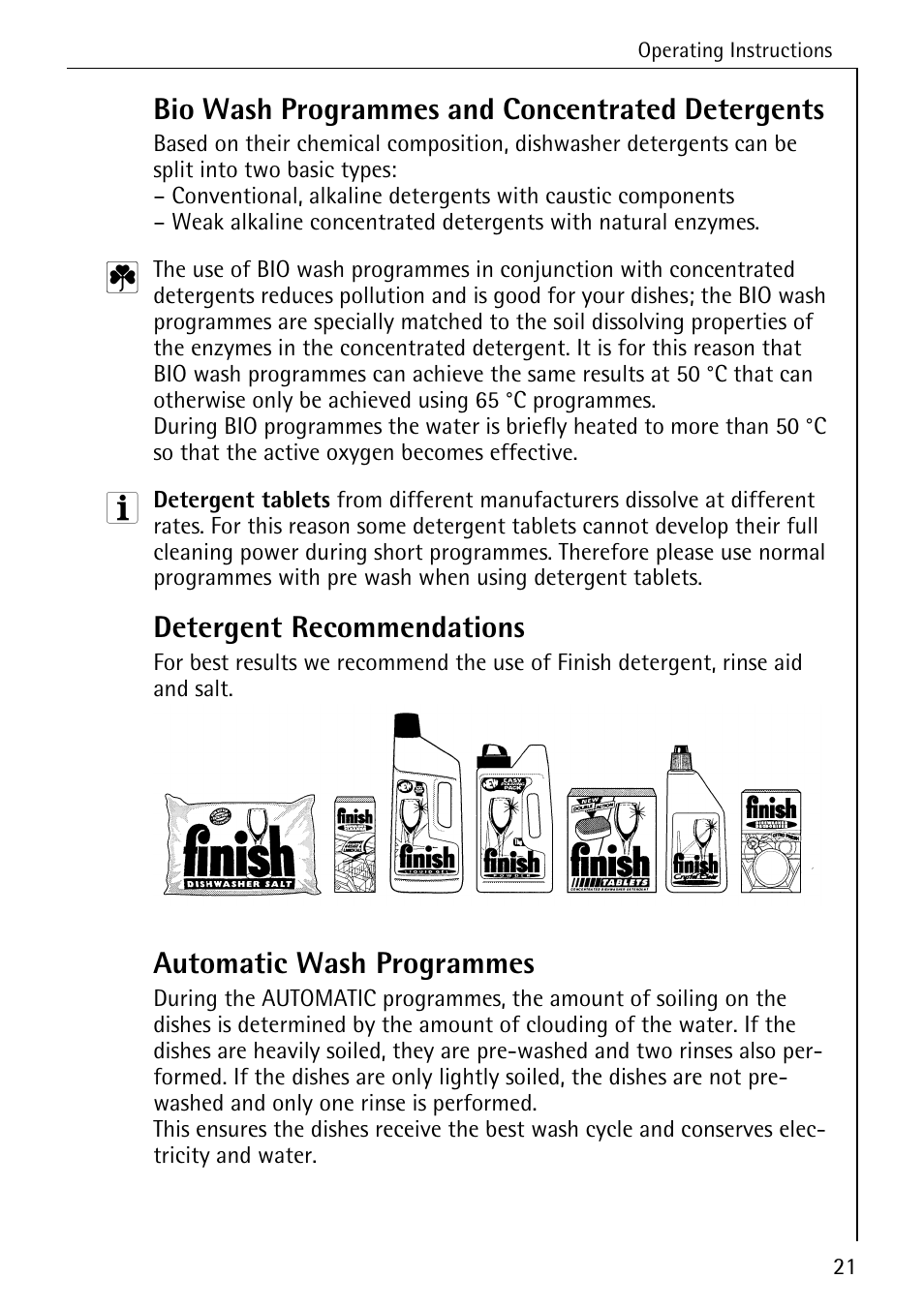 Bio wash programmes and concentrated detergents, Detergent recommendations, Automatic wash programmes | Electrolux 80860 i User Manual | Page 21 / 44