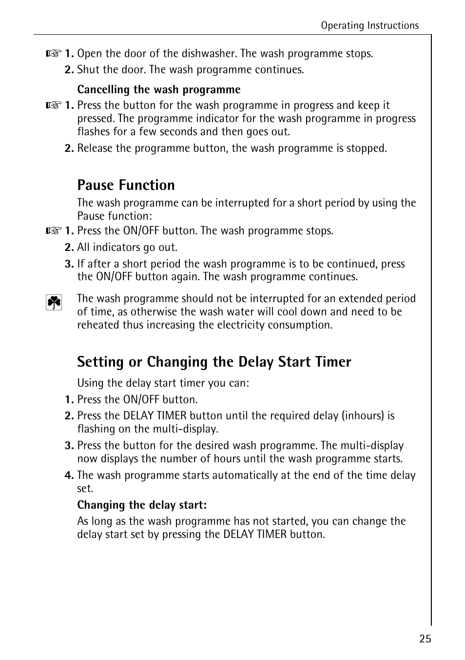 Pause function, Setting or changing the delay start timer | Electrolux 80860 i User Manual | Page 25 / 44