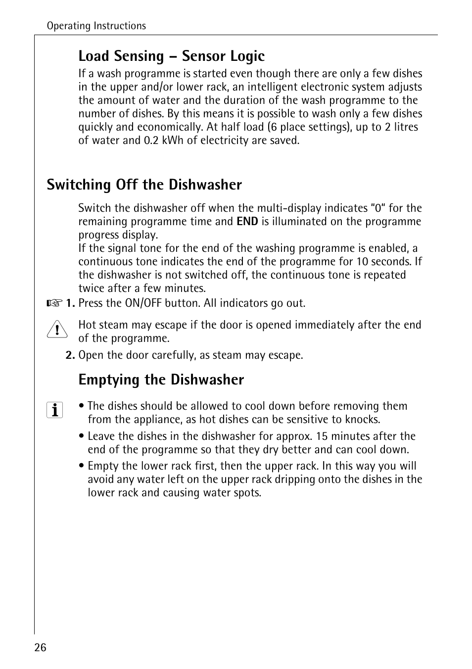 Load sensing – sensor logic, Switching off the dishwasher, Emptying the dishwasher | Electrolux 80860 i User Manual | Page 26 / 44