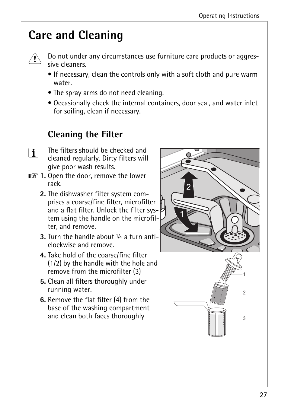 Care and cleaning, Cleaning the filter | Electrolux 80860 i User Manual | Page 27 / 44