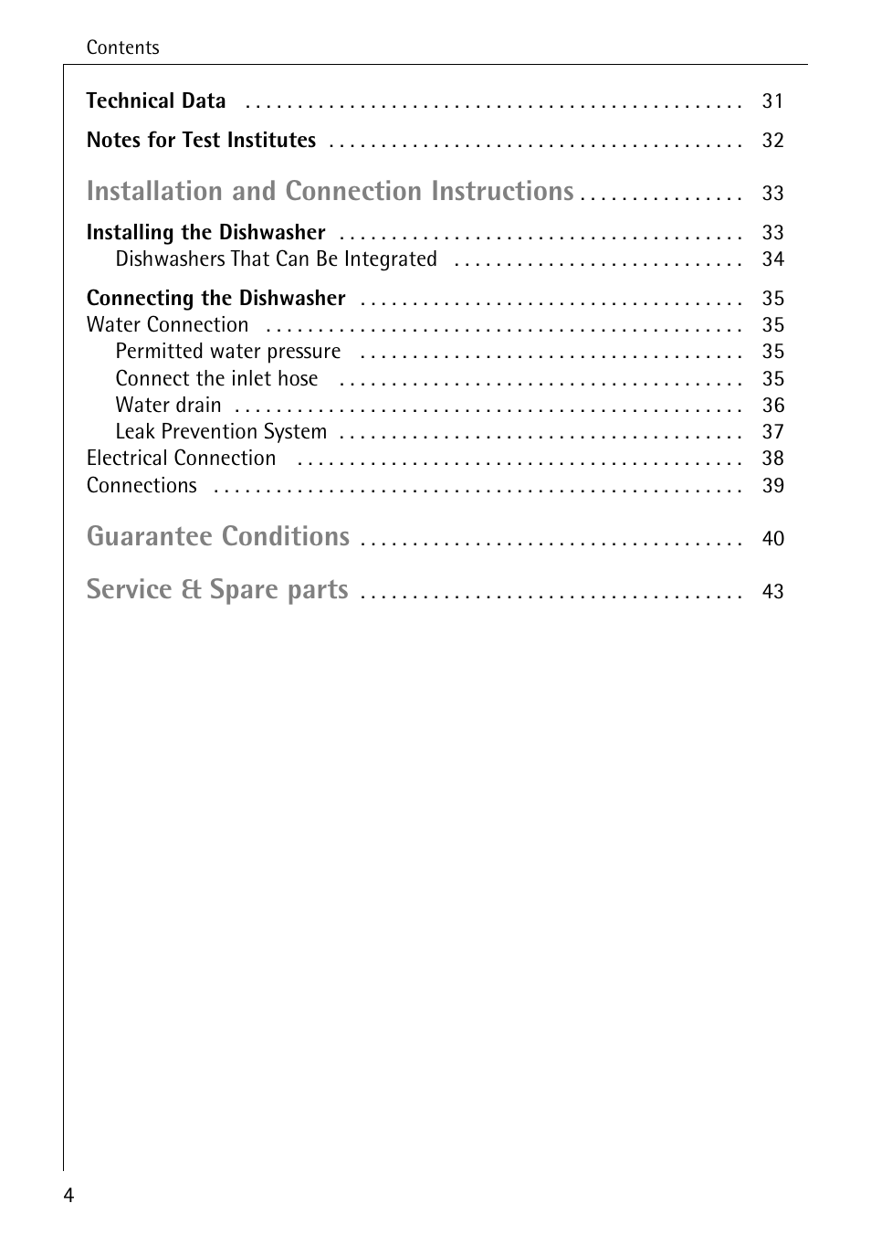 Installation and connection instructions, Guarantee conditions, Service & spare parts | Electrolux 80860 i User Manual | Page 4 / 44