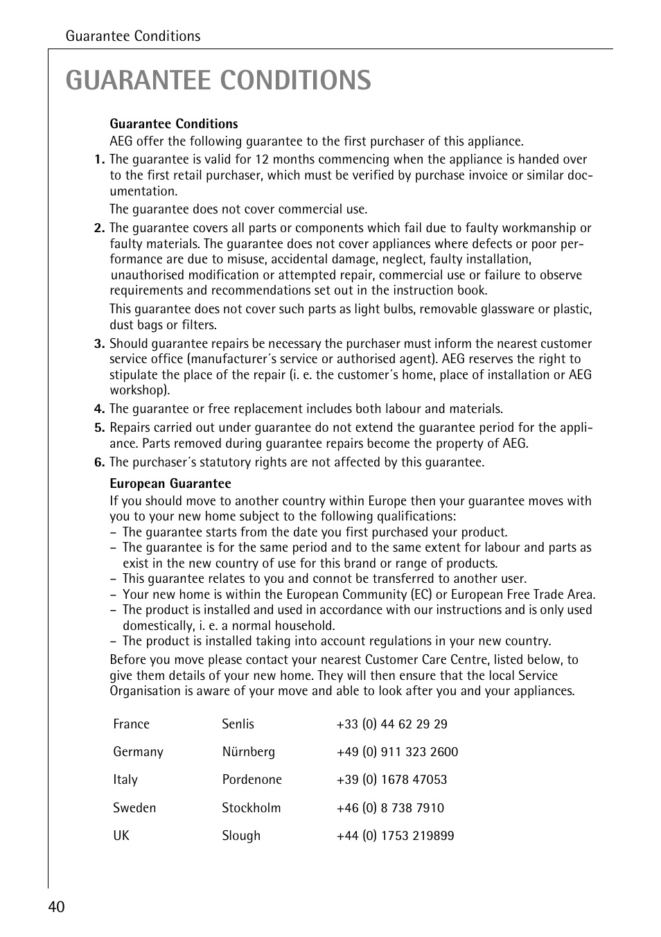 Guarantee conditions | Electrolux 80860 i User Manual | Page 40 / 44